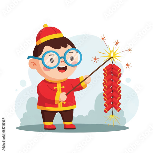 A young boy in traditional attire enthusiastically holds a lit firecracker on a festive occasion