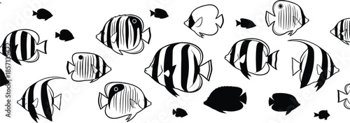 Black and white silhouettes of tropical reef fish swimming for underwater nature ocean life marine biology aquarium and aquatic design concept