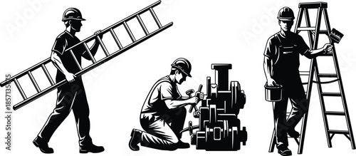 Black and white vector illustration of professional maintenance workers, painters, and technicians with ladders and tools for industrial renovation services.