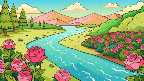 Serene river valley with blooming roses