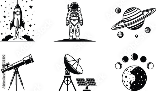 Black and white vector set of space exploration icons including rocket launch, astronaut, planets, telescope, and satellite isolated on white.