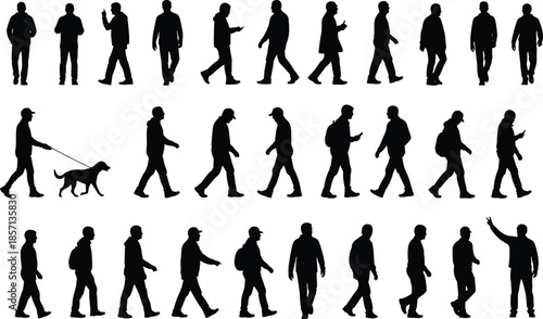 Black People Silhouette Collection Walking Men Set with Dog and Backpack Isolated on White Background for Urban Architectural Rendering and Design,