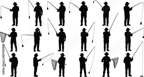 Black silhouette collection of professional fisherman characters standing with fishing rods and nets isolated on white background for graphic design