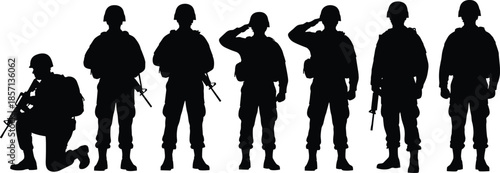 Black silhouette set of diverse military soldiers, army troops, and special forces in various standing, saluting, and kneeling tactical poses.