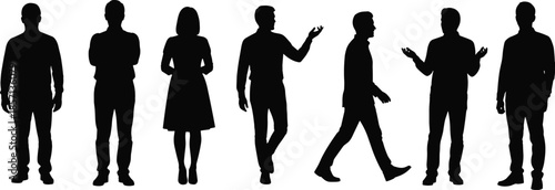 Black silhouette set of diverse people standing and walking in casual poses isolated on white background for community lifestyle design,