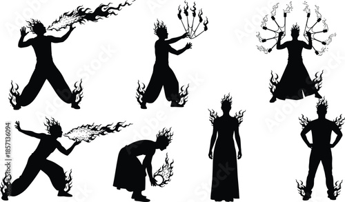 Black silhouette set of fire performers, dancers, and breathers juggling torches and performing dangerous stunts isolated on white background for entertainment.