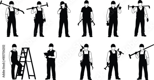 Black silhouette set of professional construction workers, builders, and contractors with tools, ladders, and equipment for industrial site labor projects.