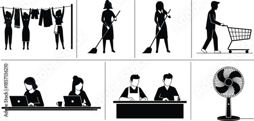 Black silhouette set of professional construction workers, industrial machinery, forest trees, people walking, domestic chores, and wild ducks for diverse designs.