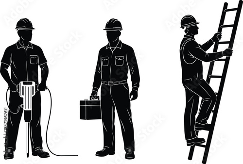 Black silhouette set of professional maintenance workers and technicians with jackhammers, ladders, and toolboxes isolated on white background for services.