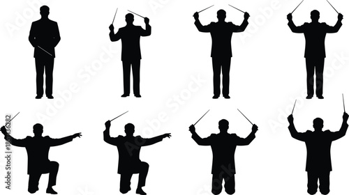 Black silhouette set of professional orchestra conductor directing music with baton in various poses isolated on white background for performance.