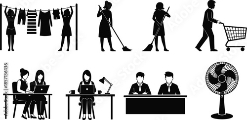 Black silhouette set of people performing daily chores, household cleaning, office work, and shopping isolated on white background for lifestyle design.