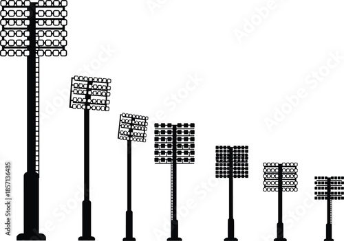 Black silhouette set of stadium floodlights and sports arena light towers isolated on white background for evening game events design.