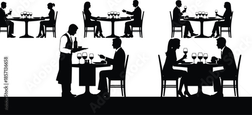 Black silhouettes of elegant couples dining at a restaurant with professional waiter service, luxury fine dining experience, and romantic evening atmosphere.