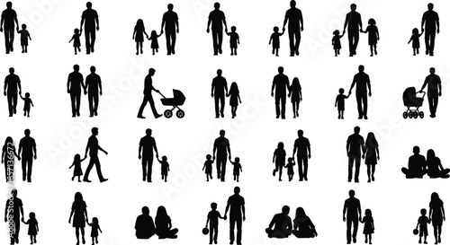 Black silhouettes of families with parents and children walking holding hands and pushing strollers for lifestyle and community concept design