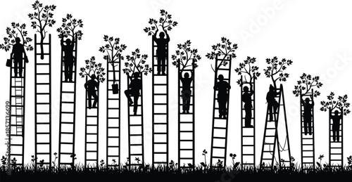 Black silhouettes of farm workers climbing tall ladders to harvest fruit from trees, agricultural teamwork, orchard maintenance, and rural seasonal labor.