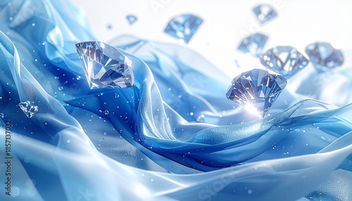 Sparkling diamonds dance amidst flowing, translucent blue fabric in a bright, ethereal scene
