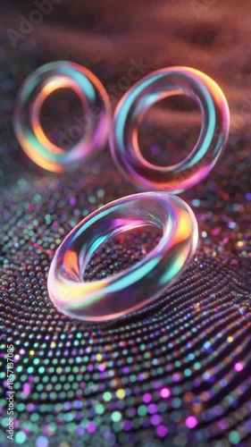 Vibrant Abstract Iridescent Rings with Prismatic Reflections on Glittery Texture