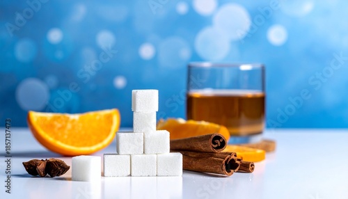 Still life Sugar cubes, fruit slice, spices, and beverage against blurred blue