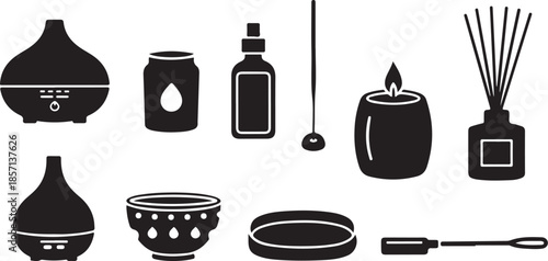 Aromatherapy essential oil diffusers and accessories icons set black