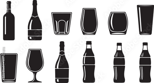 Black and white illustration of various beverage containers displayed
