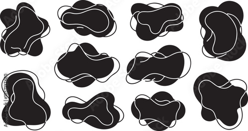 Abstract black shapes with white outlines on clean background