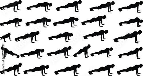 Black silhouettes of men performing push up exercises for fitness training bodyweight workout and healthy active lifestyle on white background