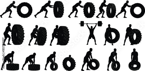Black silhouettes of men performing tire flips and heavy weight lifting for strongman training, cross fitness workout, and athletic strength exercise