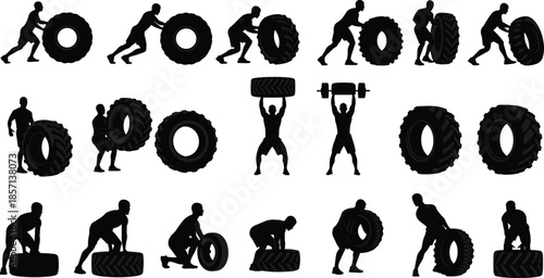 Black silhouettes of men performing tire flips and heavy weight lifting for strongman training cross fitness workout and athletic strength exercise