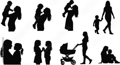 Black silhouettes of mothers with children playing walking with strollers and hugging for family love motherhood parenting and lifestyle childhood design