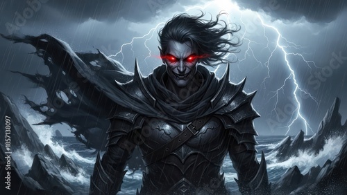 Dark warlord shrouded in armor emerges amidst a tempestuous lightning storm over stormy seas