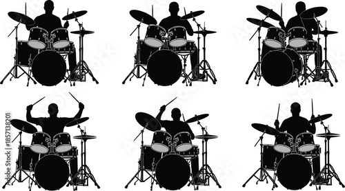 Black silhouettes of professional male drummers playing drum kits with cymbals for music concert performance studio recording and band lifestyle design