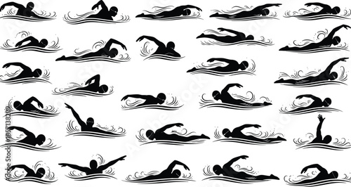Black silhouettes of professional swimmers swimming in water with waves for summer sports competition training and aquatic fitness exercise design