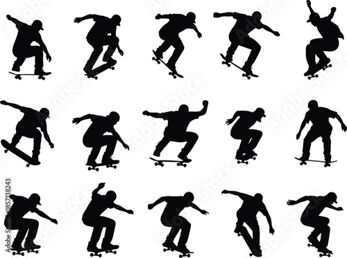 Black silhouettes of skateboarders performing tricks and jumping on skateboards for urban sports street culture and extreme youth lifestyle design