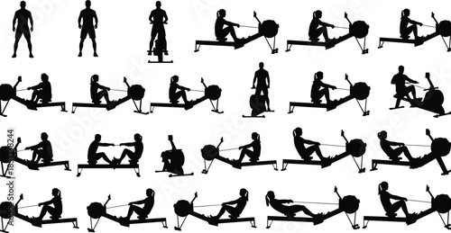 Black silhouettes of people using rowing machines for cardio fitness training gym workout and healthy active lifestyle on white background
