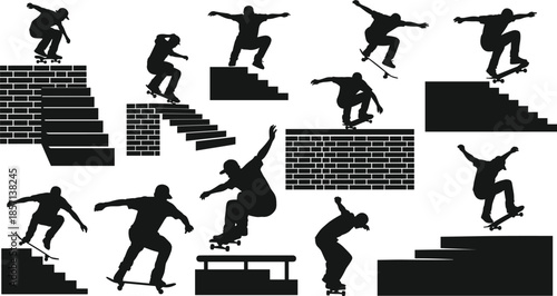 Black silhouettes of skateboarders performing extreme tricks on stairs walls and rails for urban street culture sports and youth lifestyle design