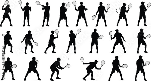 Black silhouettes of tennis players holding rackets and hitting balls for sports competition training fitness exercise and active healthy lifestyle