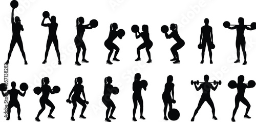 Black silhouettes of women performing gym exercises with weights and medicine balls for fitness training workout and healthy active lifestyle design