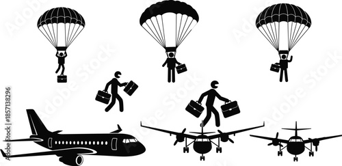 Black silhouettes of skydivers with parachutes jumping from airplanes and businessmen with briefcases for travel aviation and extreme success concept