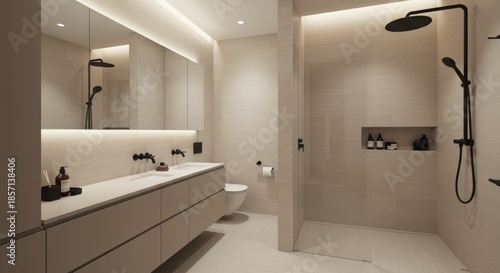 Wallpaper Mural Modern Bathroom Design with Walk-in Shower and Sleek Vanity. Torontodigital.ca