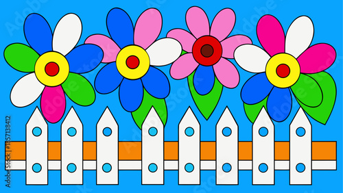 Colorful flowers behind a white picket fence