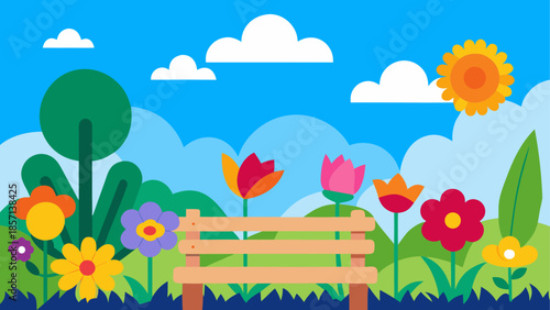 Vibrant garden bench under sunny skies