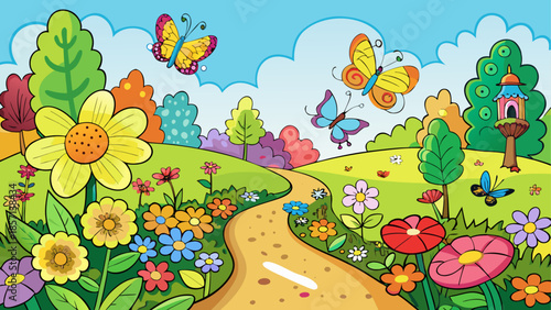 Vibrant garden path with butterflies