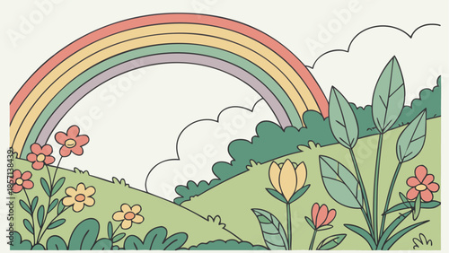 Vibrant rainbow over a lush meadow