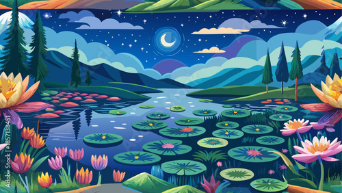 Nighttime pond with lotus flowers