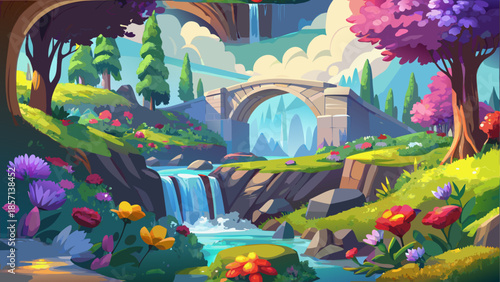 Serene forest landscape with waterfall and bridge