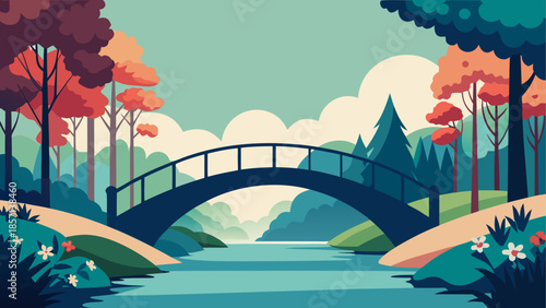 Serene forest bridge over calm river