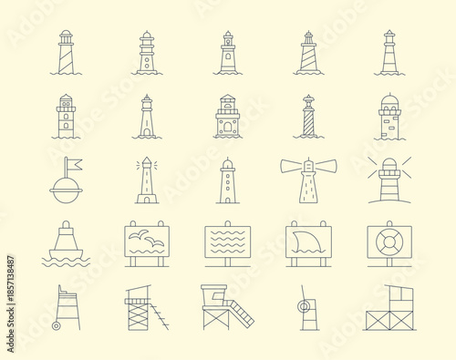 Beach icons set. A collection of simple vector beach icons in a modern thin line style. Vector illustrations.