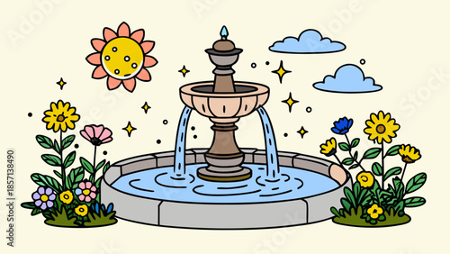 Charming garden fountain under sunny skies
