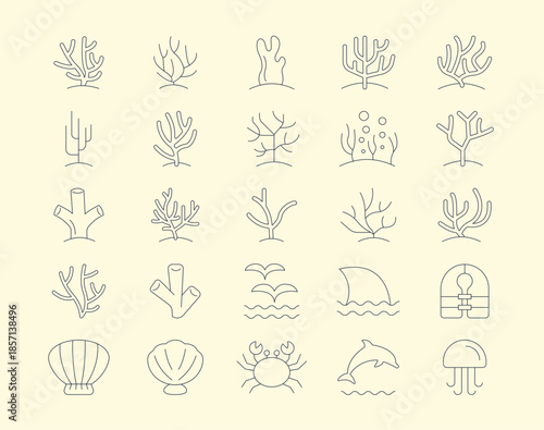 Beach icons set. A collection of simple vector beach icons in a modern thin line style. Vector illustrations.
