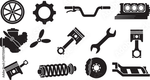 Black and white mechanical tools and parts illustration set